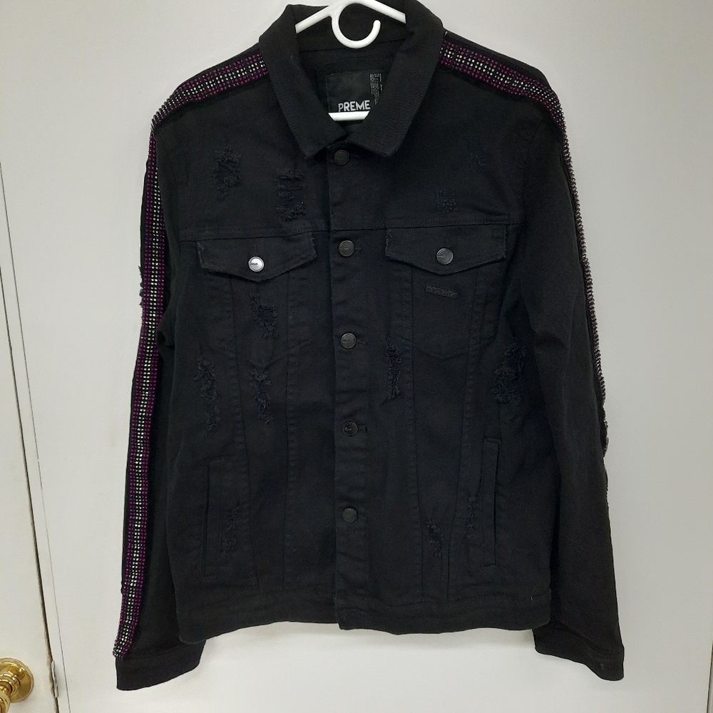 Preme denim distressed jacket with sequences size XL